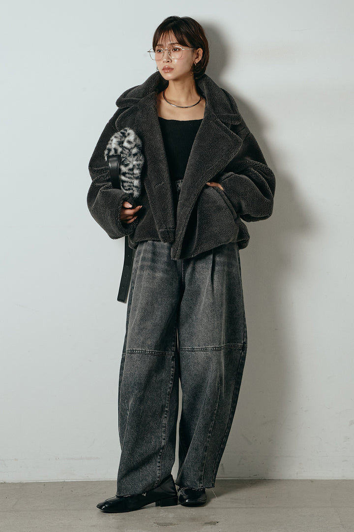 【2月中旬発送】
[SET]テディボアショートジャケット+加工デニムタックコクーンワイドパンツ(2set)