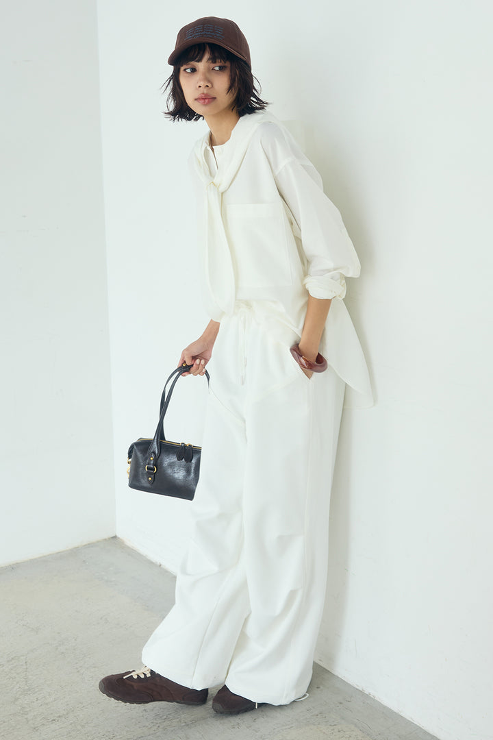 [SET]無地タイ付フーディーBIGシャツ+ランダムタックデザインワイドパンツ(2set)