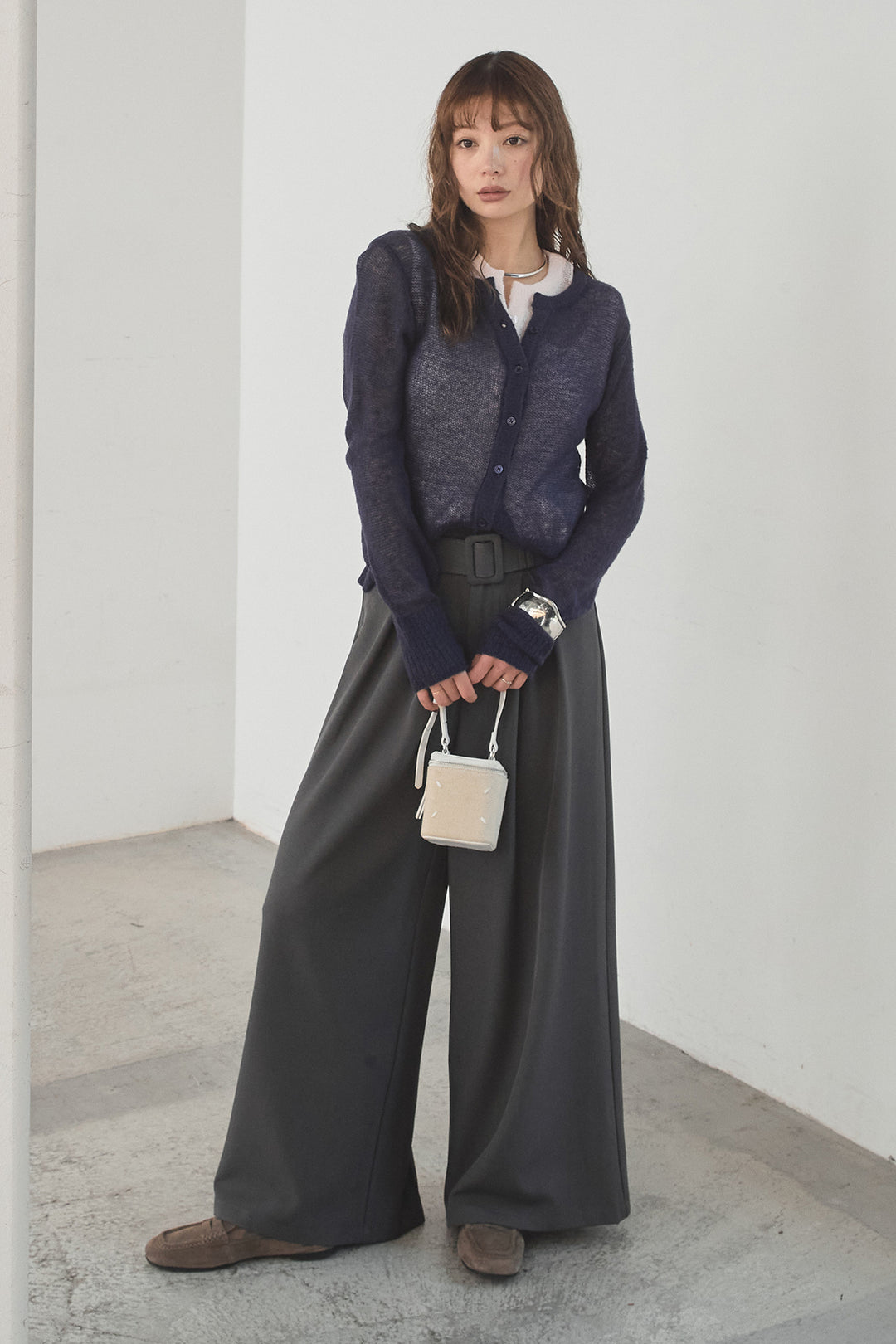 [SET]モヘア透かし編みレイヤードアンサンブルセット+ベルト付きツータックワイドパンツ(2set)