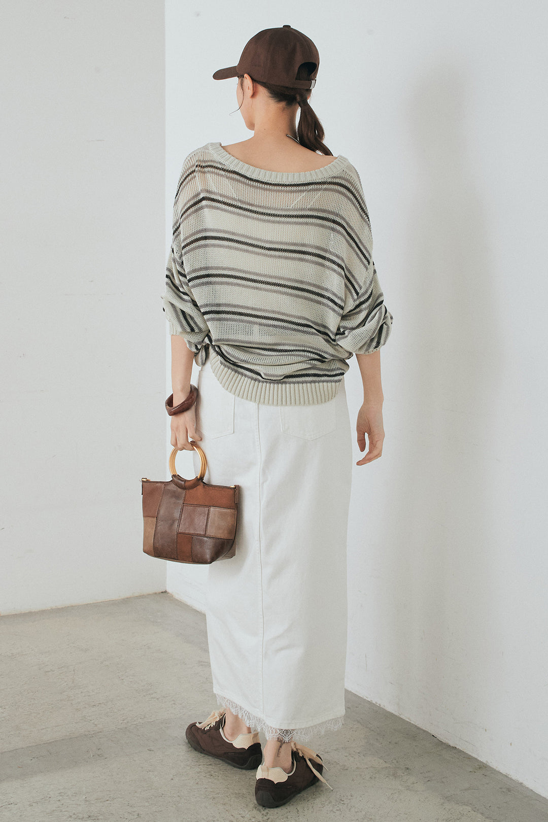 [SET]綿タッチVネックボーダートップス+裾レースデザインデニムスカート(2set)