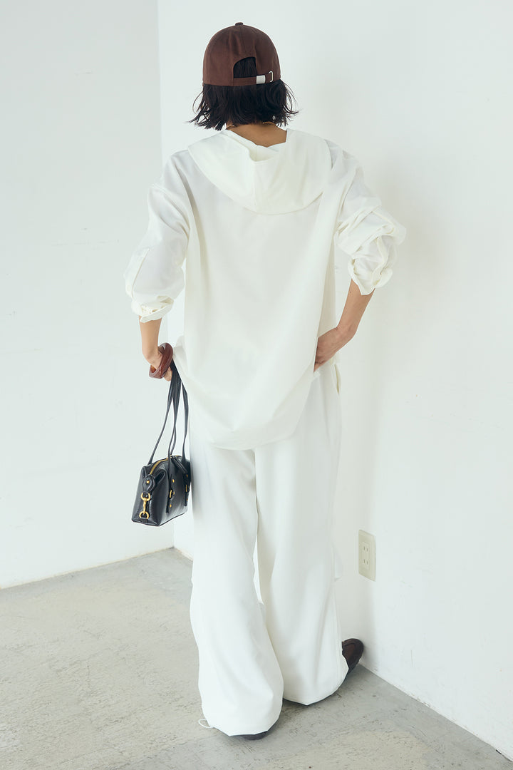 [SET]無地タイ付フーディーBIGシャツ+ランダムタックデザインワイドパンツ(2set)