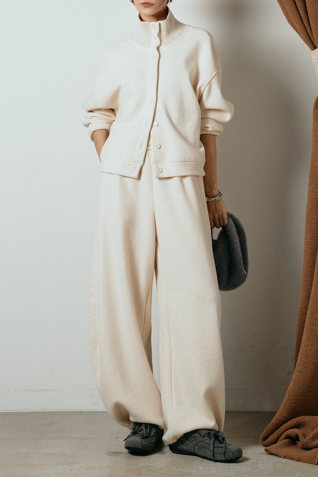 [SET]リブスタンドネックボタントップスSETUP