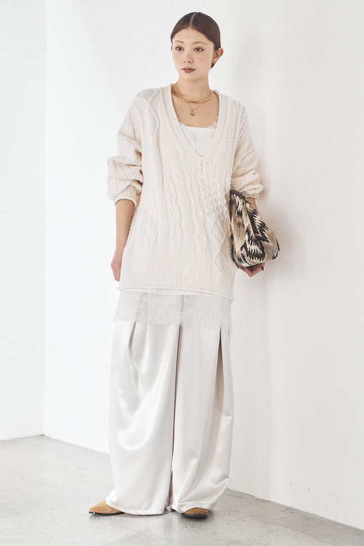 [SET]ケーブルVニットセーター+サテンタックワイドパンツ(2set)