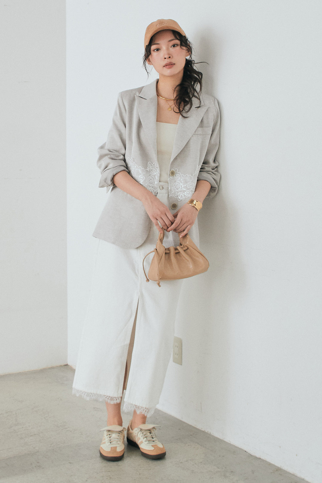 [SET]リネンタッチレースデザインジャケット+裾レースデザインデニムスカート(2set)