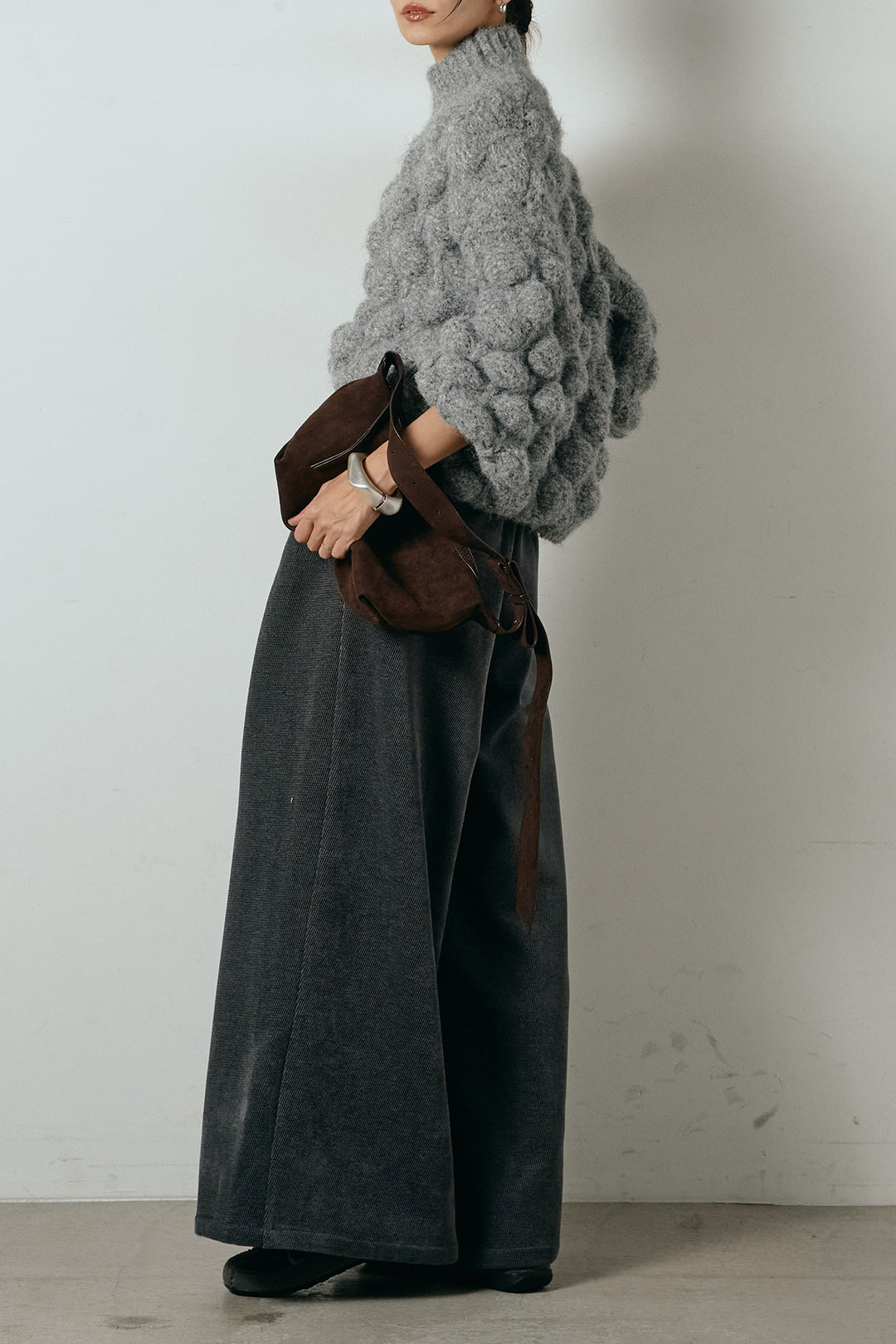 [SET]ボリュームポップコーンニットトップス+ベルトループコーデュロイワイドパンツ(2set)