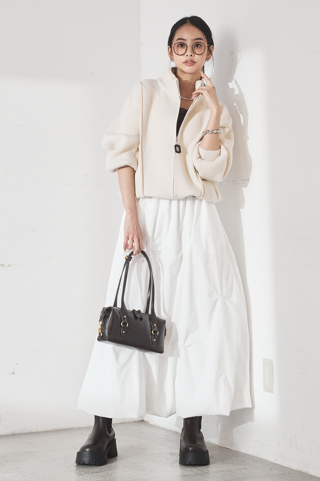 [SET]ハイネックパイピングデザインブルゾン+ランダムタックバルーンスカート(2set)