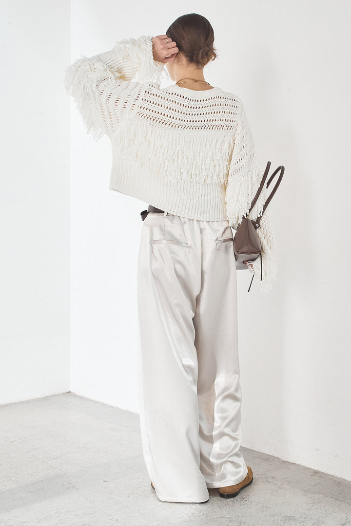 [SET]メッシュフリンジ切り替えプルオーバー+サテンタックワイドパンツ(2set)