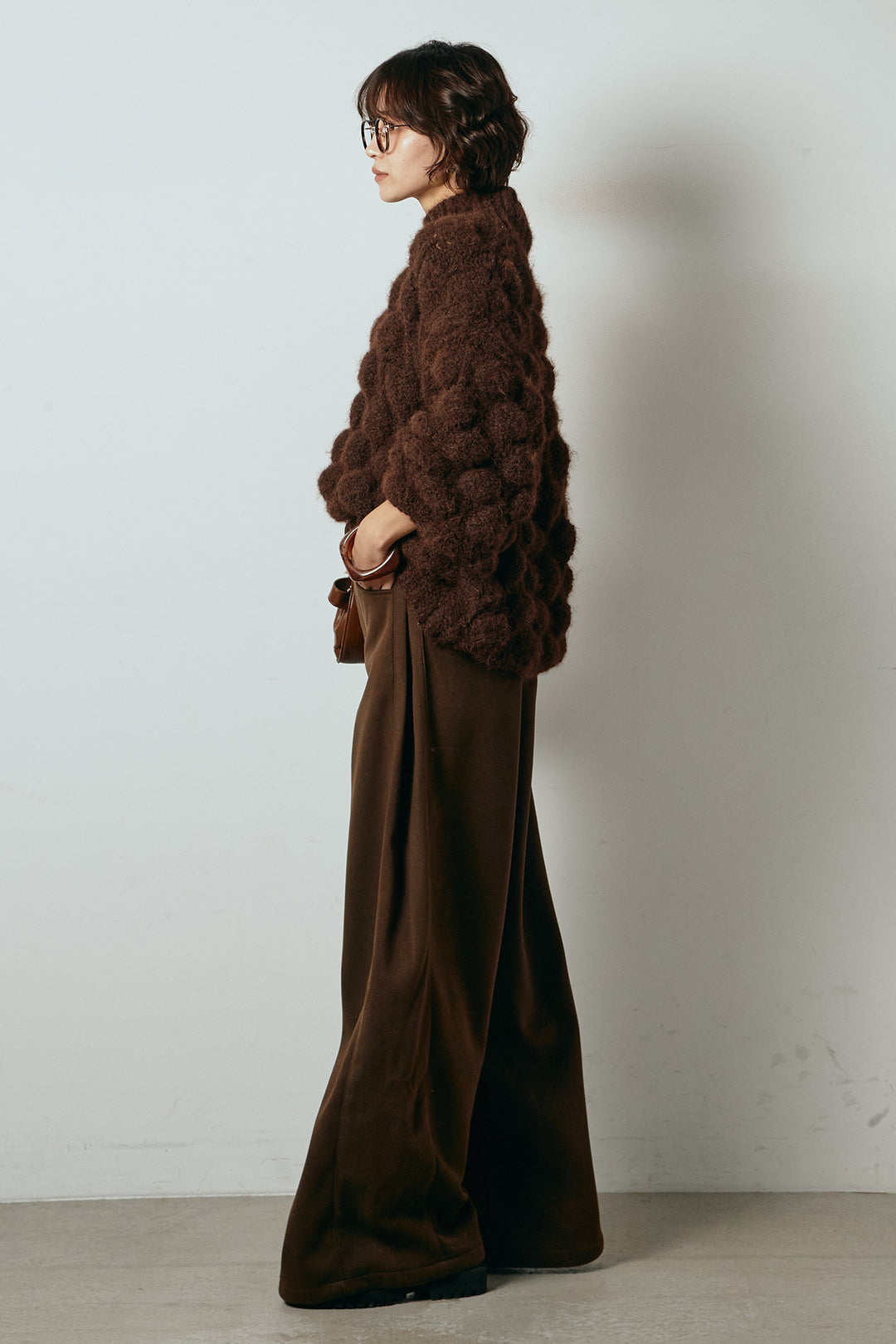 [SET]ボリュームポップコーンニットトップス+編みベルト付きワイドパンツ(2set)