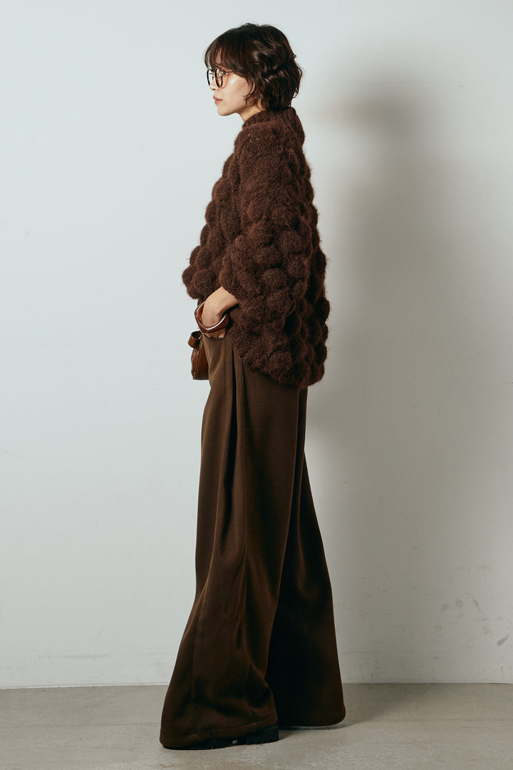 [SET]ボリュームポップコーンニットトップス+編みベルト付きワイドパンツ(2set)