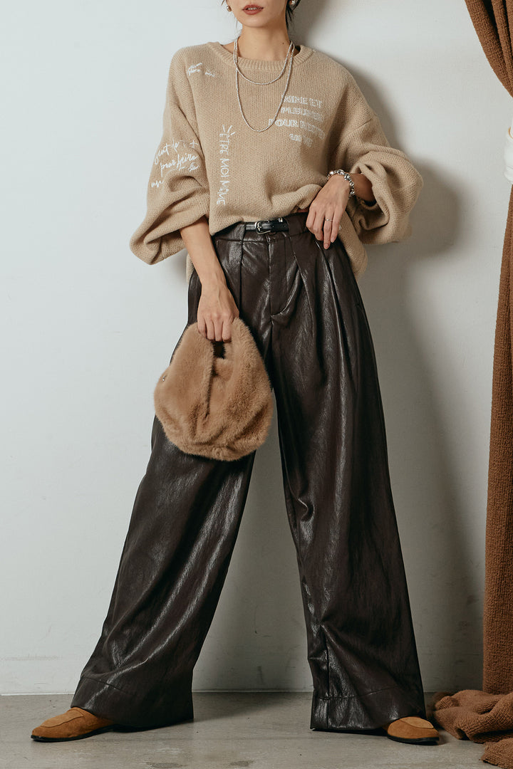 [SET]刺繍ロゴランダムデザインニットトップス+ベルト付きレザーライクタックパンツ(2set)