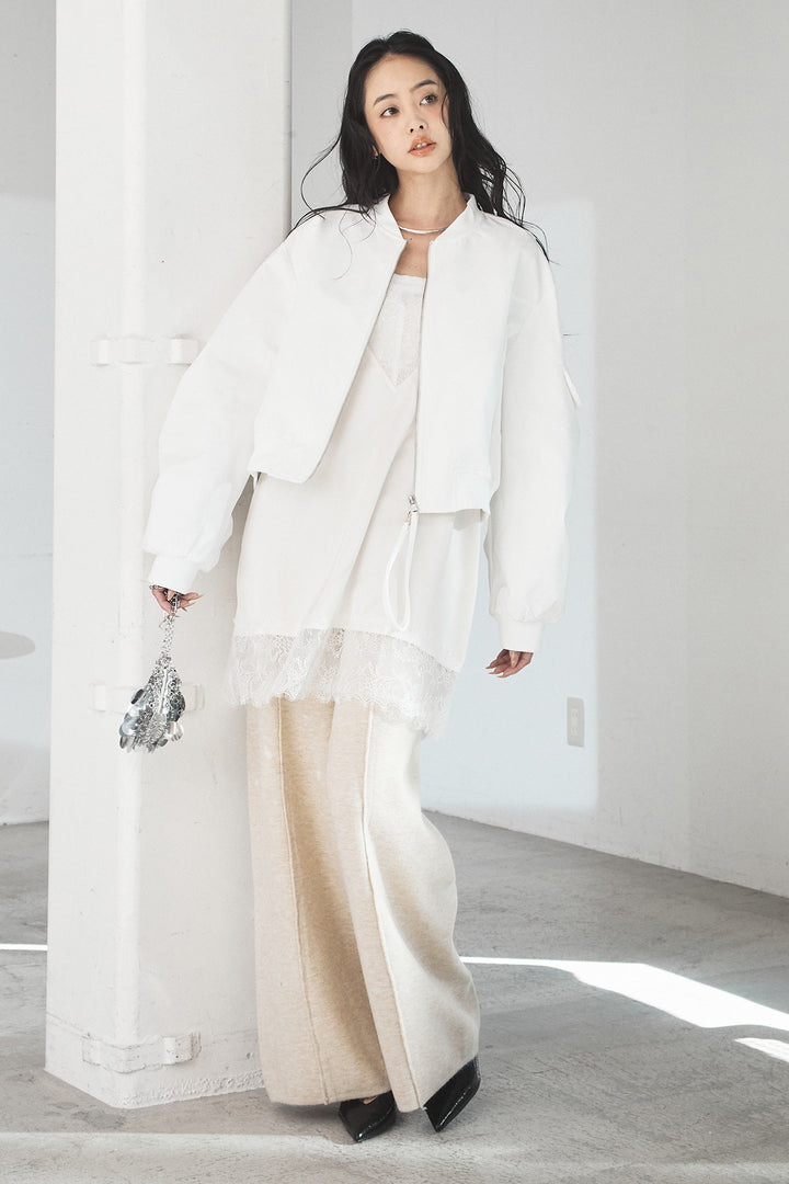 [SET]袖ギャザーデザインブルゾン+センターラインニットパンツ(2set)