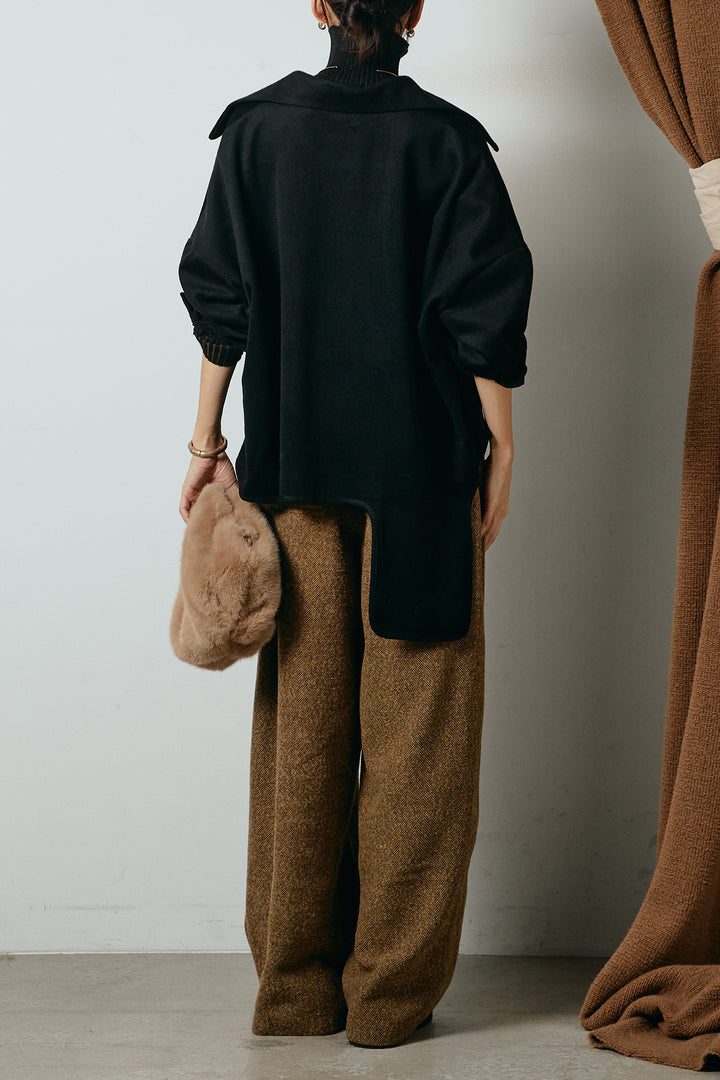 [SET]裾アシンメトリーデザインシャツ+タックツイードワイドパンツ+リブニットシームレスタートルプルオーバー(3set)