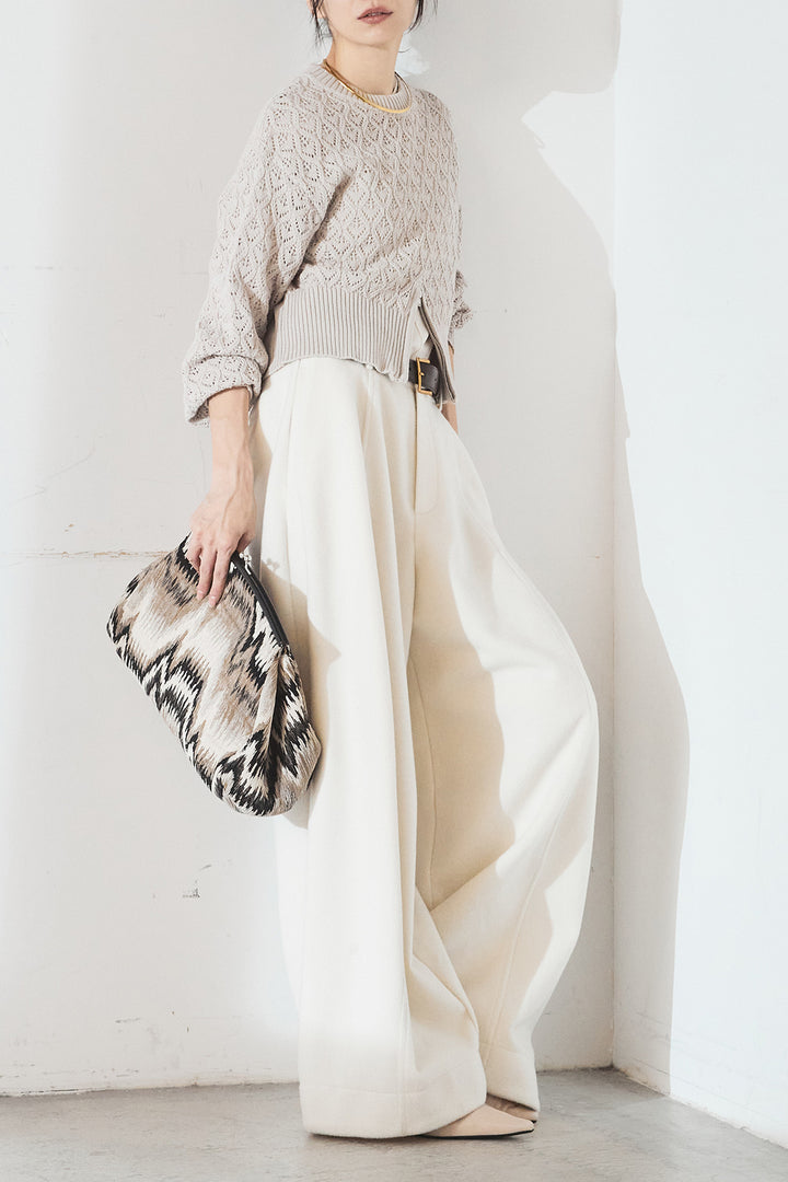 [SET]透かし編みニットジップスリットプルオーバー+ウールタッチカーブワイドパンツ(2set)