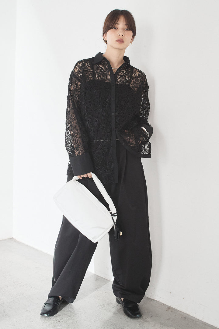 [SET]刺繍レースオーバーサイズシャツ+合繊ツイルパイピングタックカーブパンツ(2set)