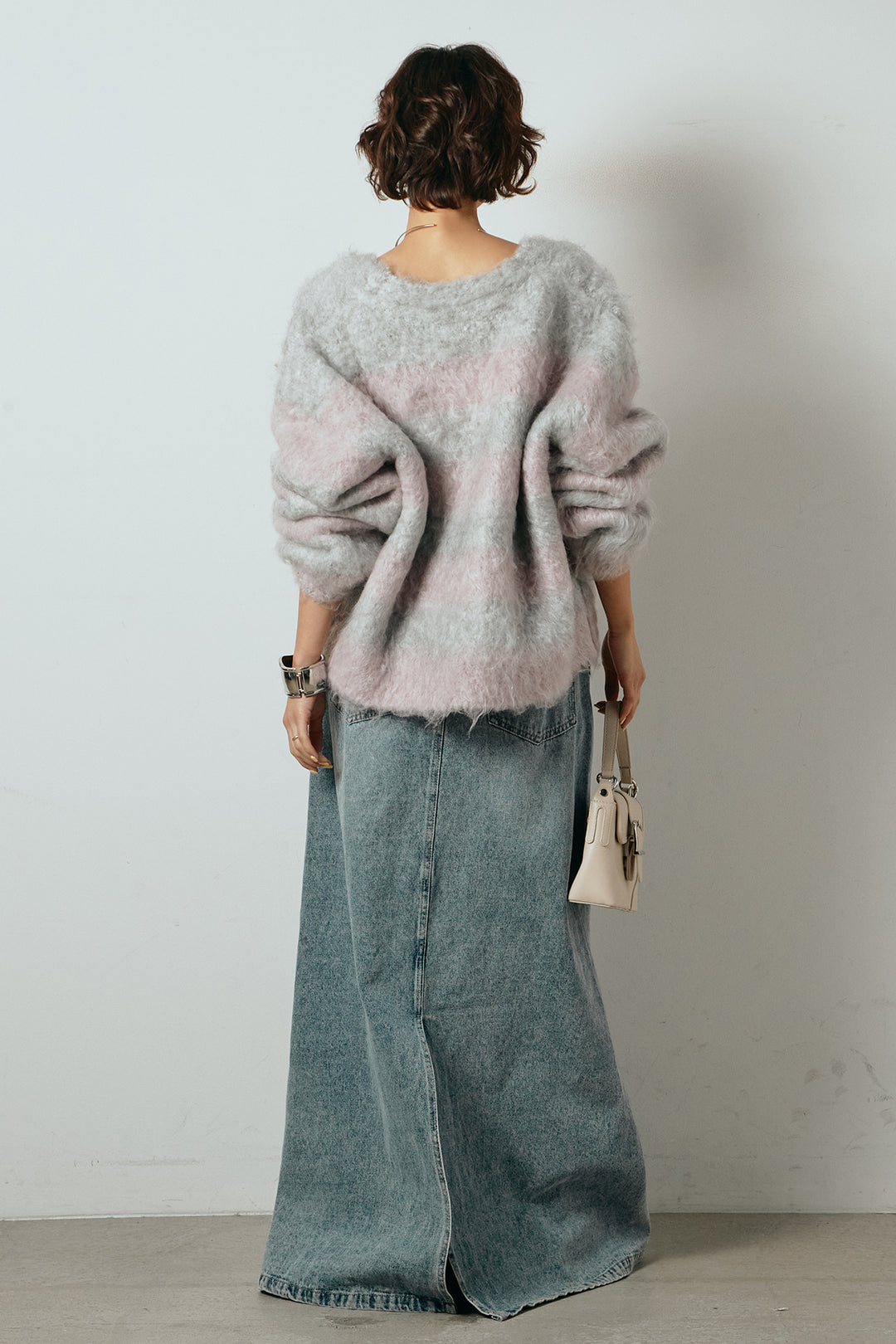 [SET]シャギーボーダー柄ニットカーディガン+デニムロングフレアスカート(2set)