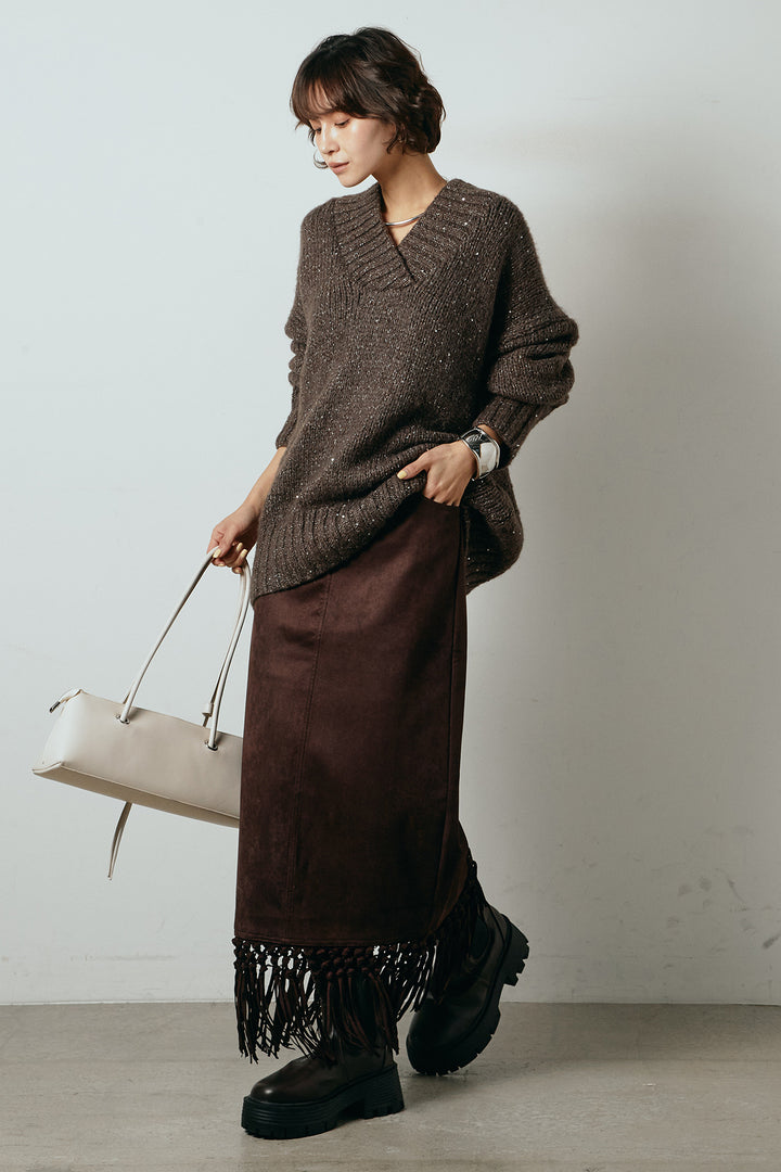 [SET]Vネックラメニットトップス+スウェードライク裾フリンジスカート(2set)