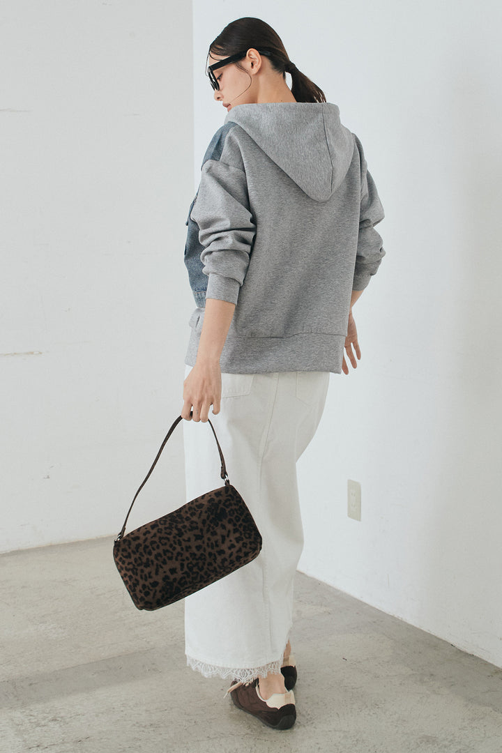 [SET]デニム切替ポンチダブルジップパーカー+裾レースデザインデニムスカート(2set)