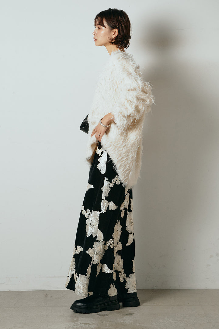 [SET]深Vネックシャギーニットトップス+フラワー刺繍ワイドスカート(2set)