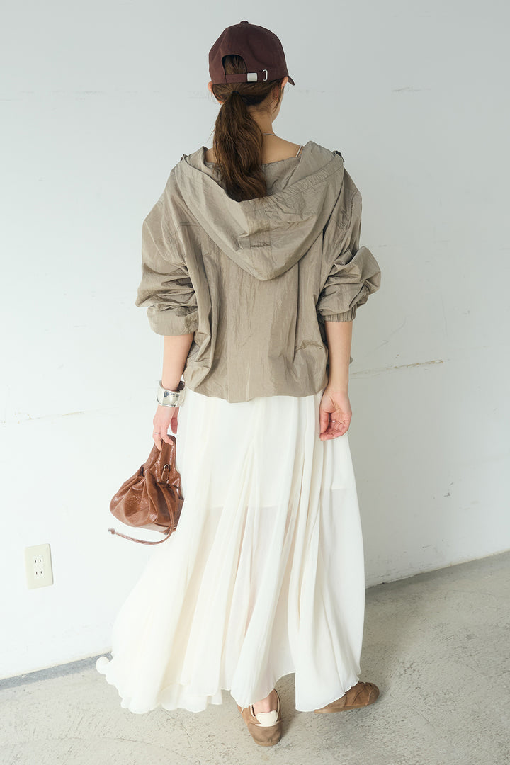 [SET]ナイロンフーディーブルゾンアウター+シアーフリルキャミワンピース(2set)