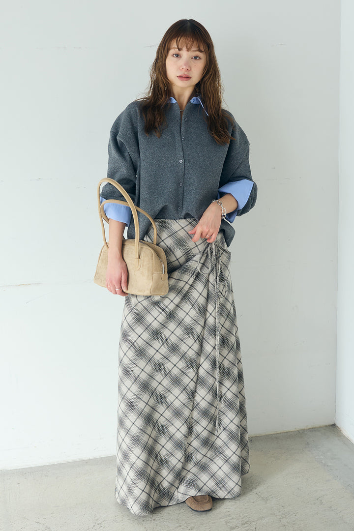 [SET]シャツレイヤード風カーディガン+タータンチェック柄フロントデザインスカート(2set)