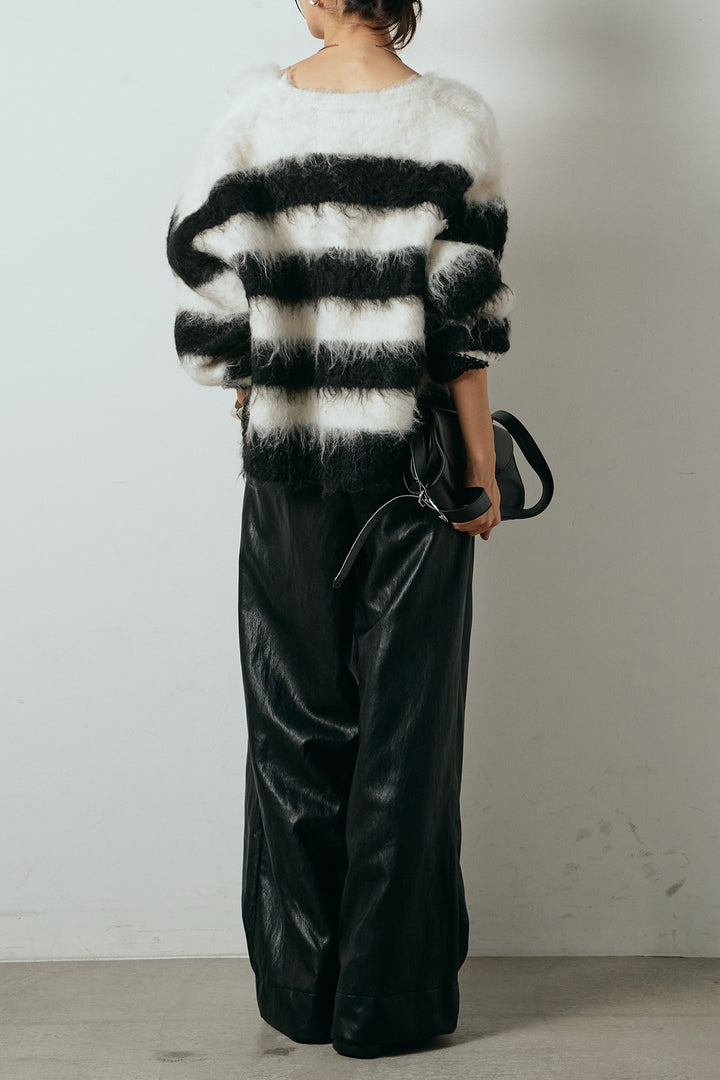 [SET]シャギーボーダー柄ニットカーディガン+ベルト付きレザーライクタックパンツ(2set)