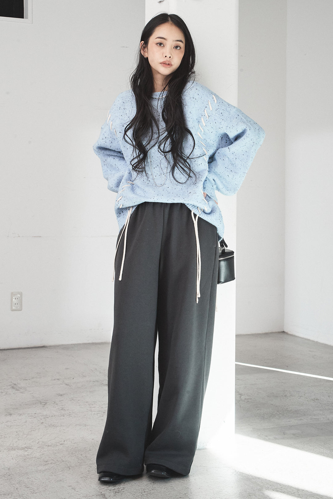 [SET]ネップ編み上げニットトップス+裏起毛スウェットワイドパンツ(2set)