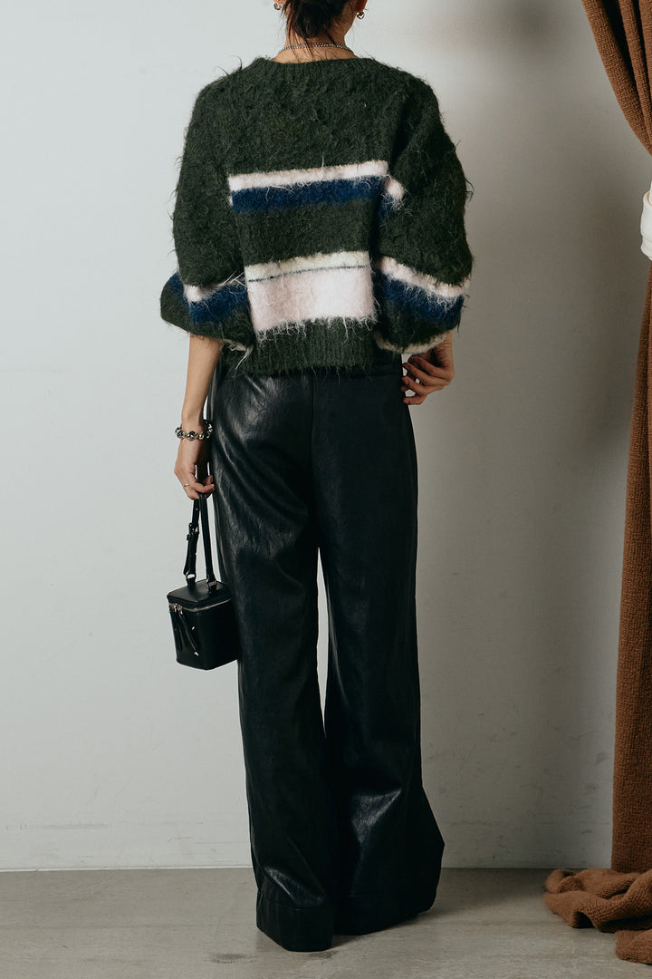 [SET]起毛配色マルチボーダーニットトップス+ベルト付きレザーライクタックパンツ(2set)