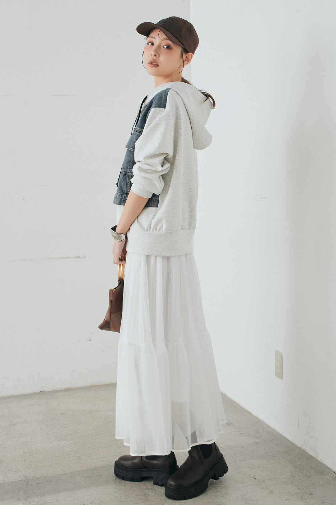 [SET]デニム切替ポンチダブルジップパーカー+ボリュームシルエットチュールスカート(2set)