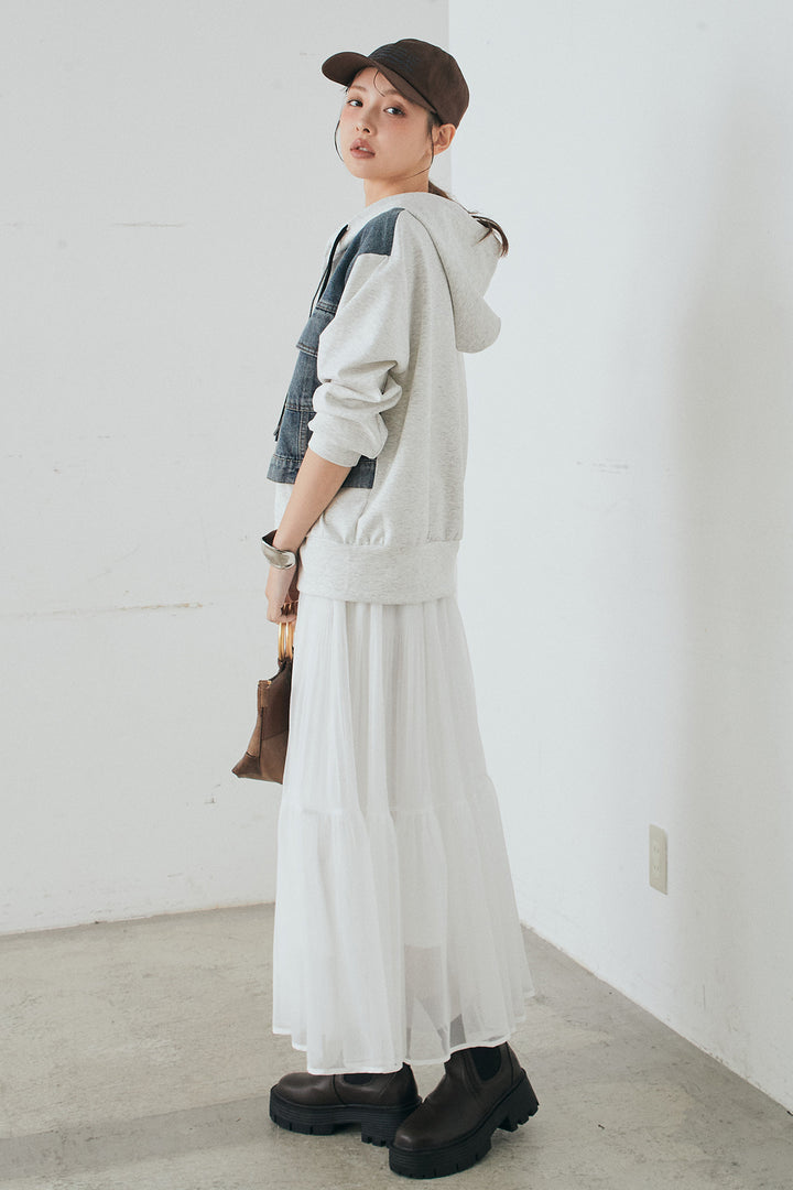 [SET]デニム切替ポンチダブルジップパーカー+ボリュームシルエットチュールスカート(2set)