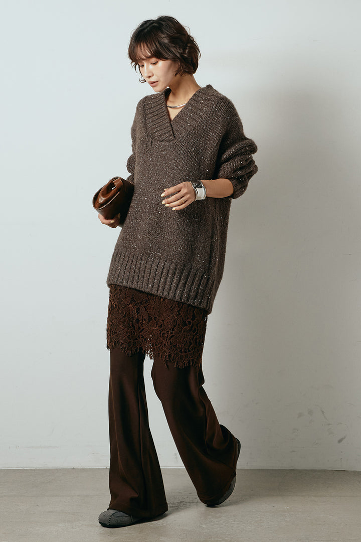 [SET]Vネックラメニットトップス+レース刺繍レイヤードフレアパンツ(2set)