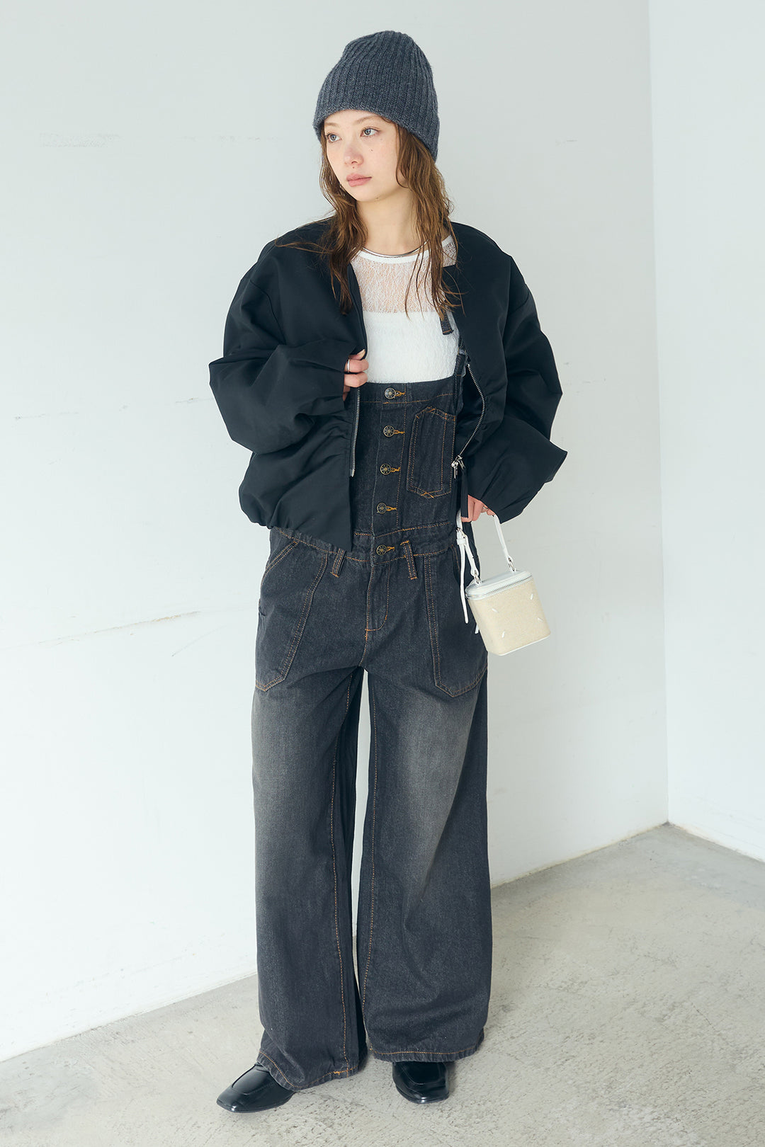 [SET]ノーカラーフロントギャザージップアウター+デニムサロペットワイドパンツ(2set)