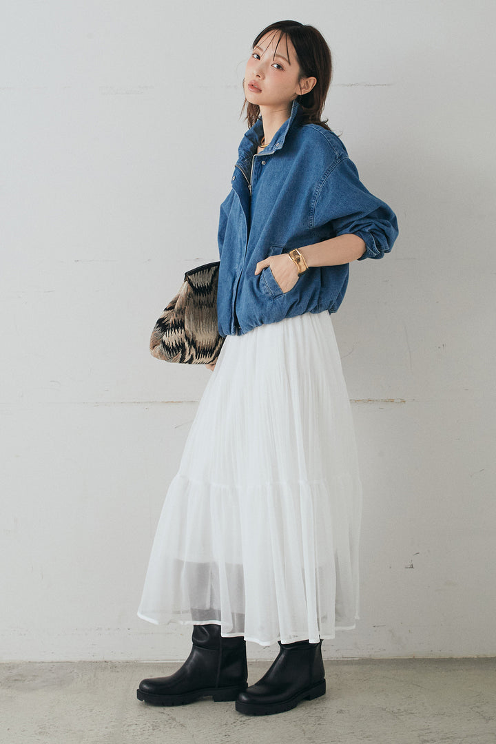 [SET]スタンドカラーデニムブルゾンジャケット+ボリュームシルエットチュールスカート(2set)