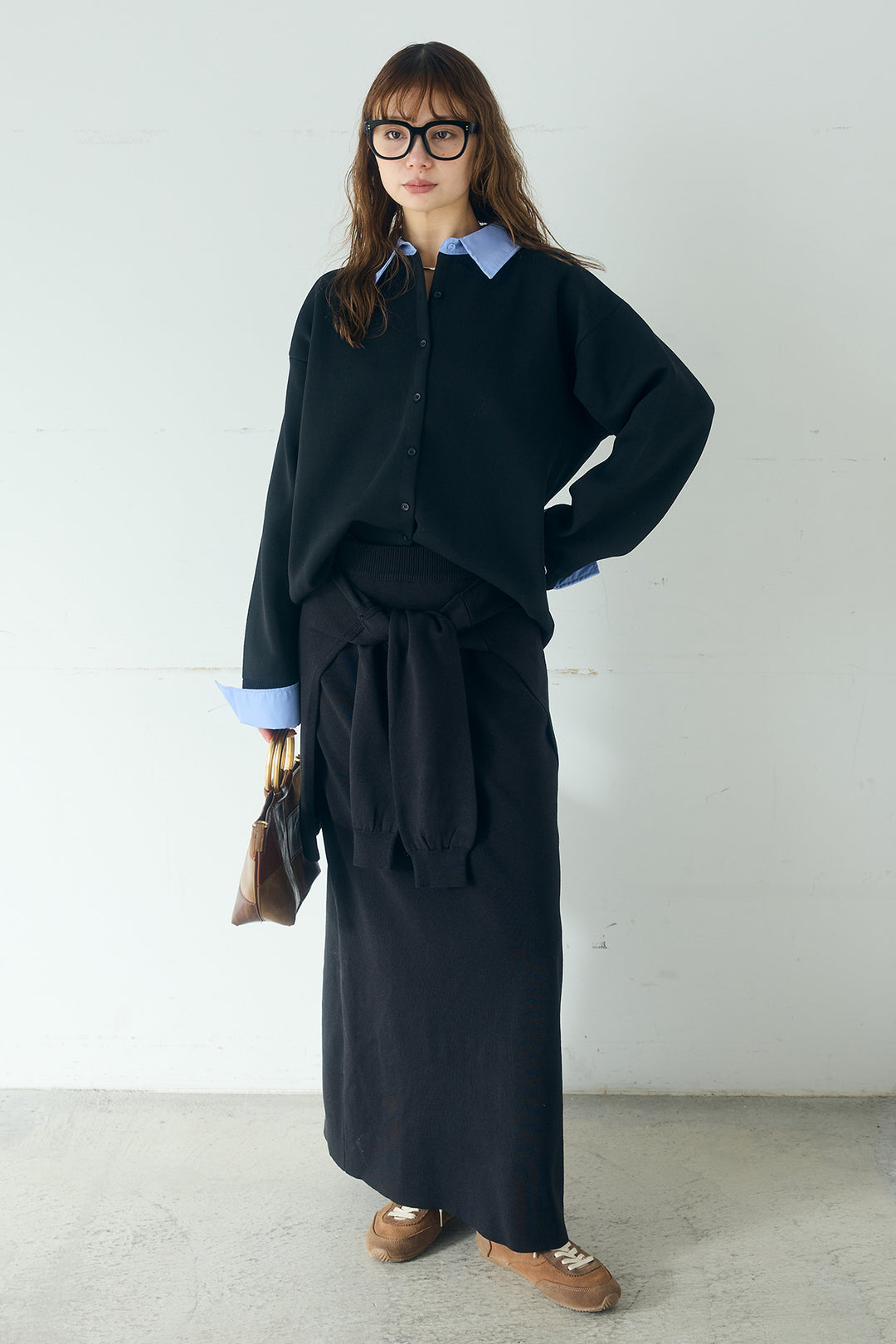 [SET]シャツレイヤード風カーディガン+レイヤードニット巻きスカート(2set)