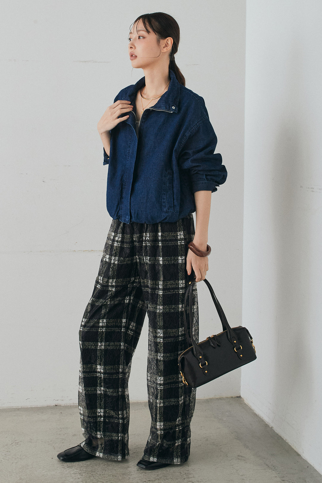 [SET]スタンドカラーデニムブルゾンジャケット+レースチェックワイドイージーパンツ(2set)