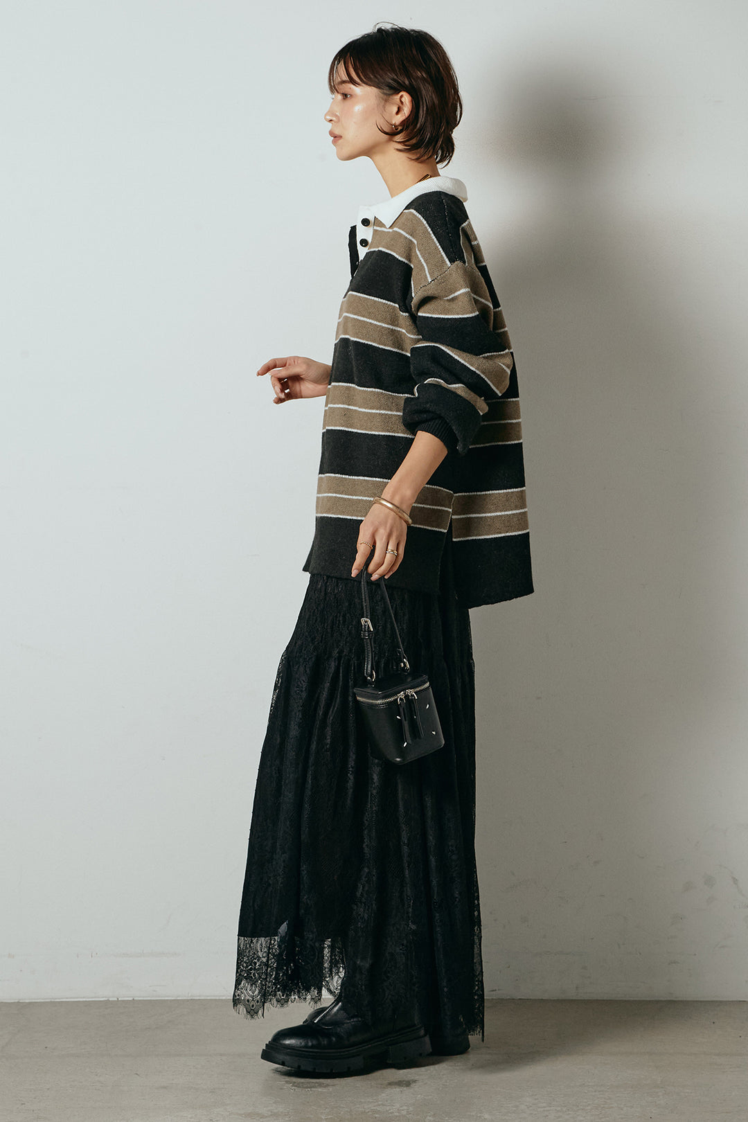 [SET]ラガーニットボーダーポロプルオーバー+ひげレース切替ロング丈スカート(2set)