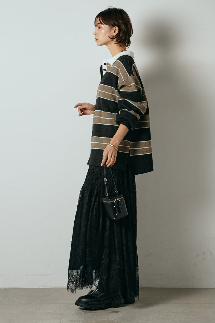 [SET]ラガーニットボーダーポロプルオーバー+ひげレース切替ロング丈スカート(2set)