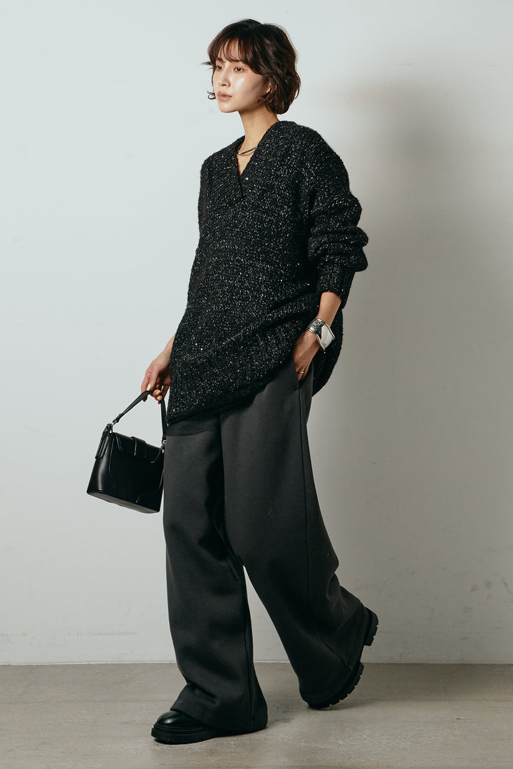 [SET]Vネックラメニットトップス+裏起毛スウェットワイドパンツ(2set)