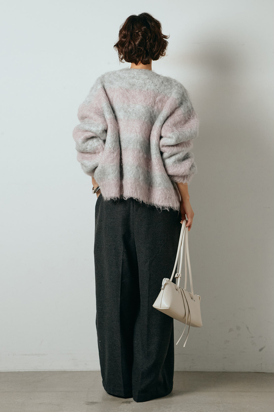 [SET]シャギーボーダー柄ニットカーディガン+ウール混フランネルワイドサロペット(2set)