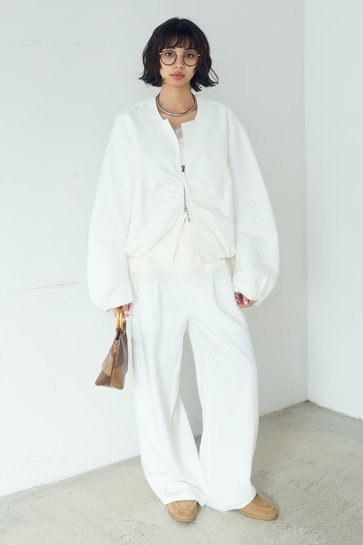 [SET]ノーカラーフロントギャザージップアウター+斜めボタンタック入りスラックス+ブロード切り替えぺプラムタンク(3set)