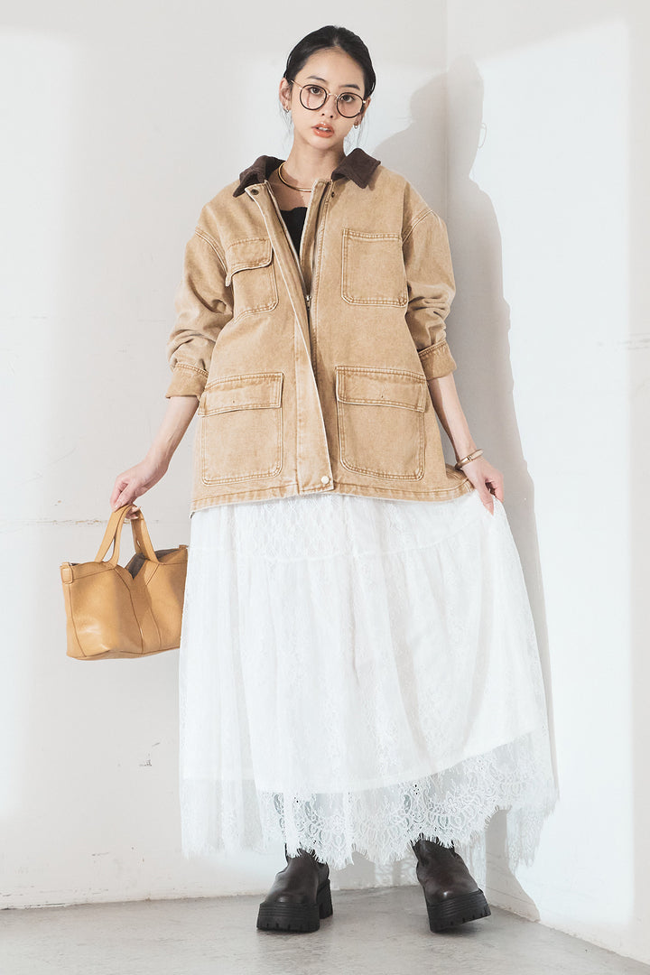 [SET]襟コーデュロイジップデニム調カバーオール+ひげレース切替ロング丈スカート(2set)