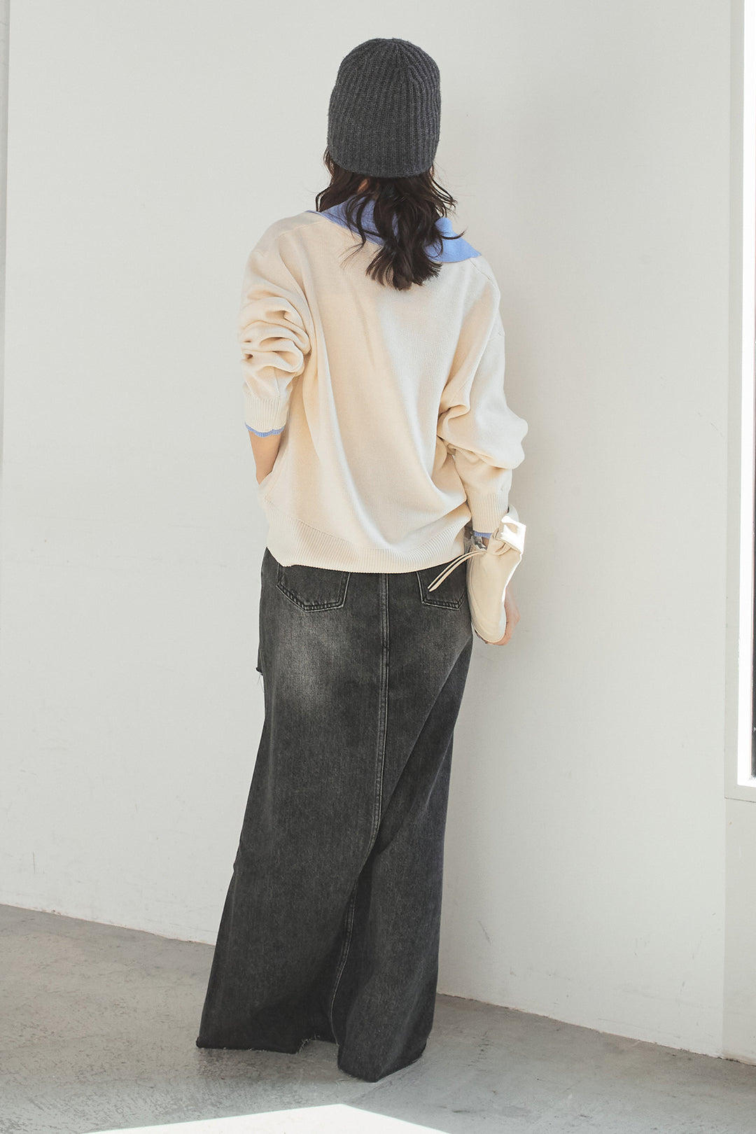 [SET]バイカラーニットレイヤード風プルオーバー+Aラインデニムスカート(2set)