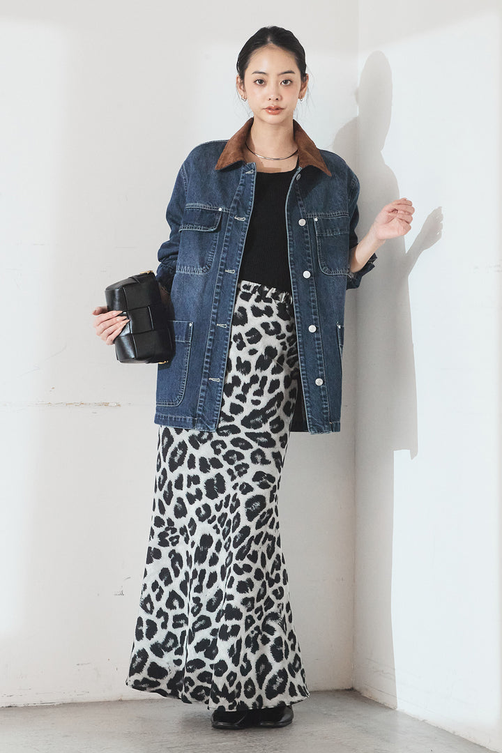 [SET]襟コーデュロイデニムカバーオール+レオパードサテンナロースカート(2set)
