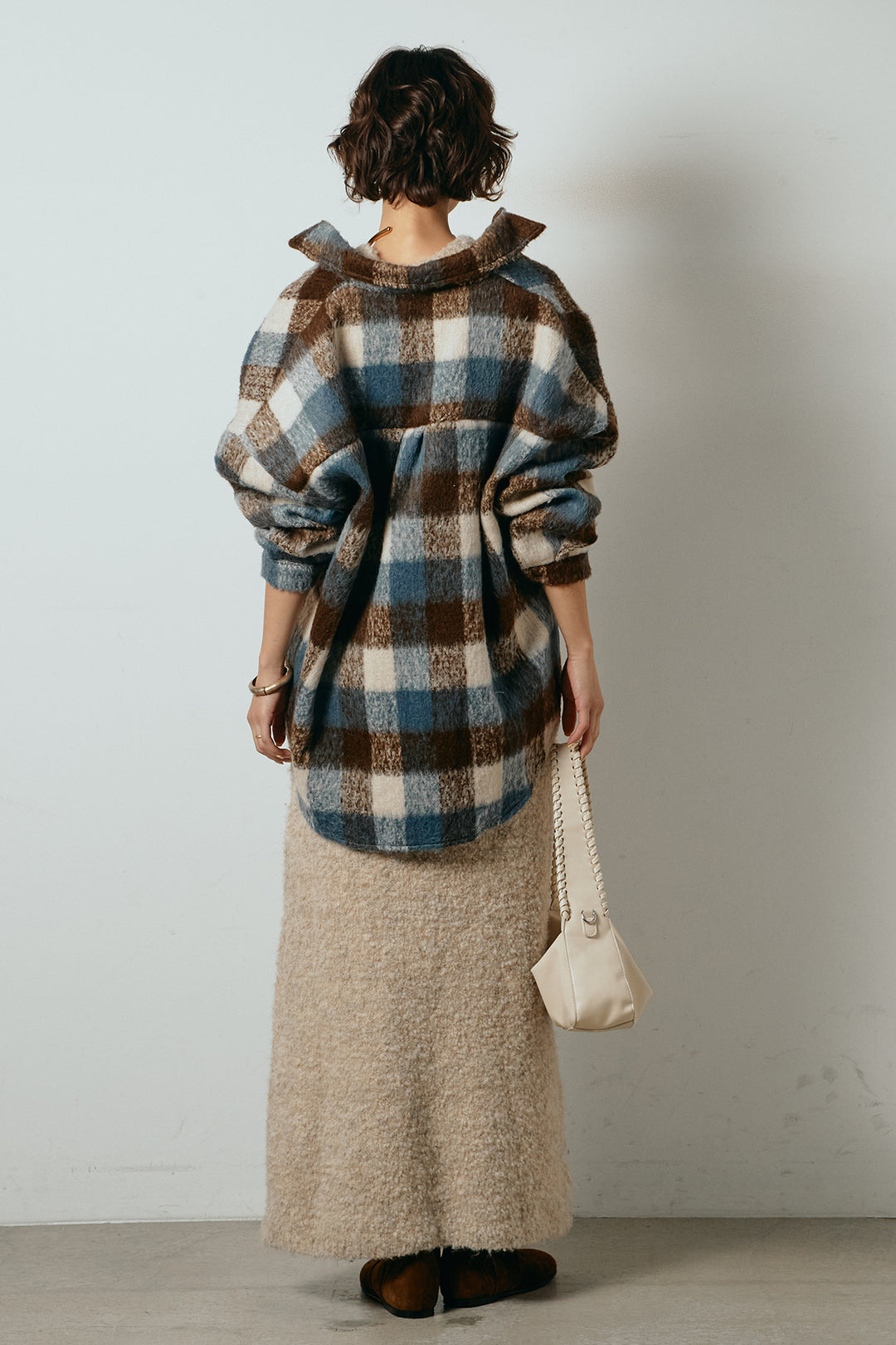 [SET]起毛チェック柄ポケットアウター+起毛ノースリーブニットロングワンピース(2set)
