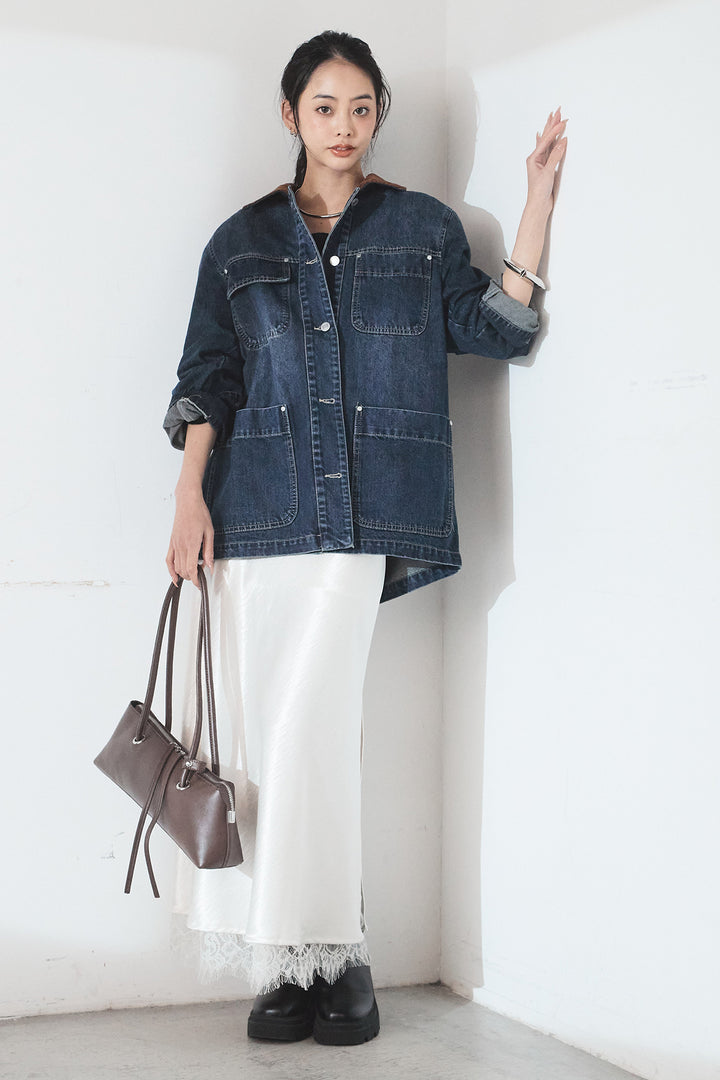 [SET]襟コーデュロイデニムカバーオール+裾レースデザインサテンスカート(2set)