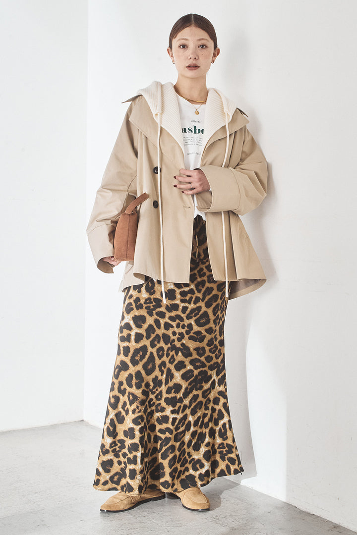 [SET]ナイロントレンチコート+レオパードサテンナロースカート(2set)
