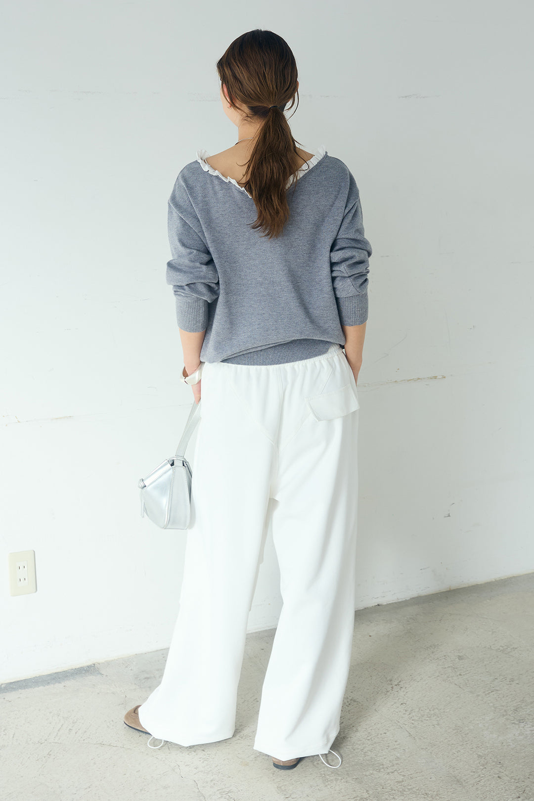 [SET]クールクール異素材コンビオフショルプルオーバー+ランダムタックデザインワイドパンツ(2set)