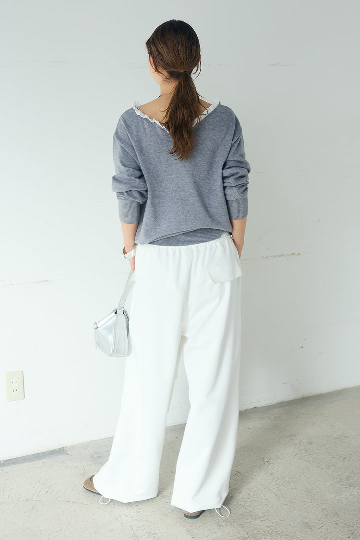 [SET]クールクール異素材コンビオフショルプルオーバー+ランダムタックデザインワイドパンツ(2set)