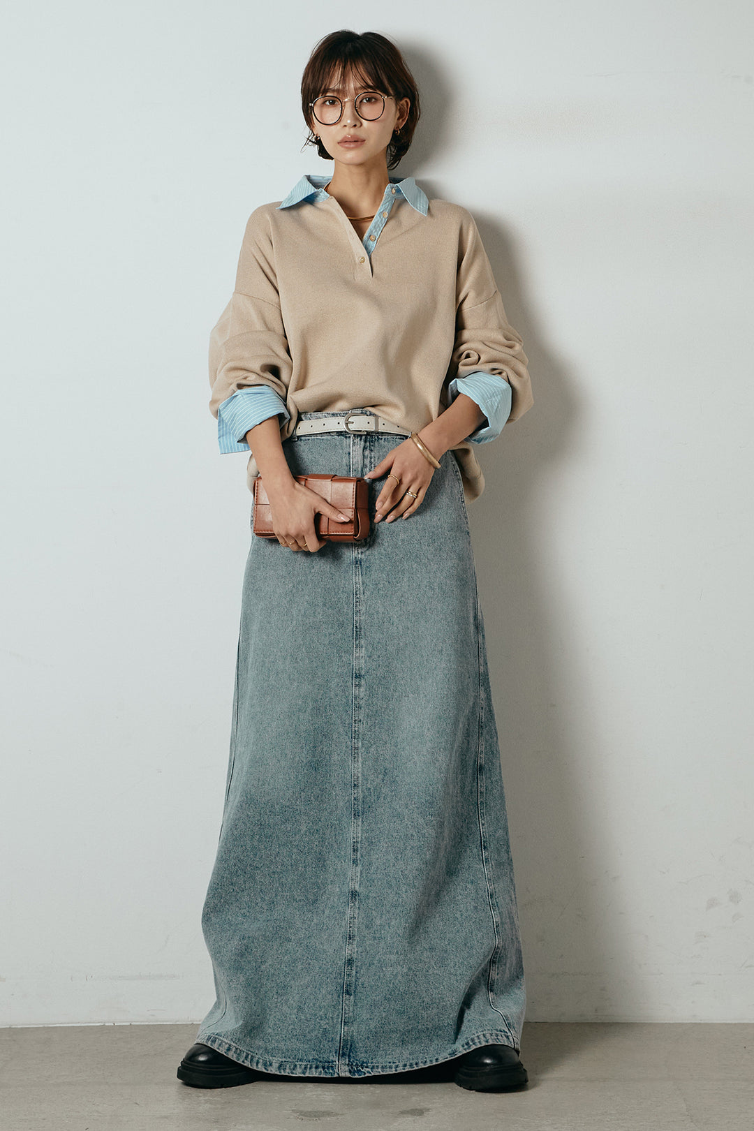 [SET]ストライプシャツドッキングポロトップス+デニムロングフレアスカート(2set)