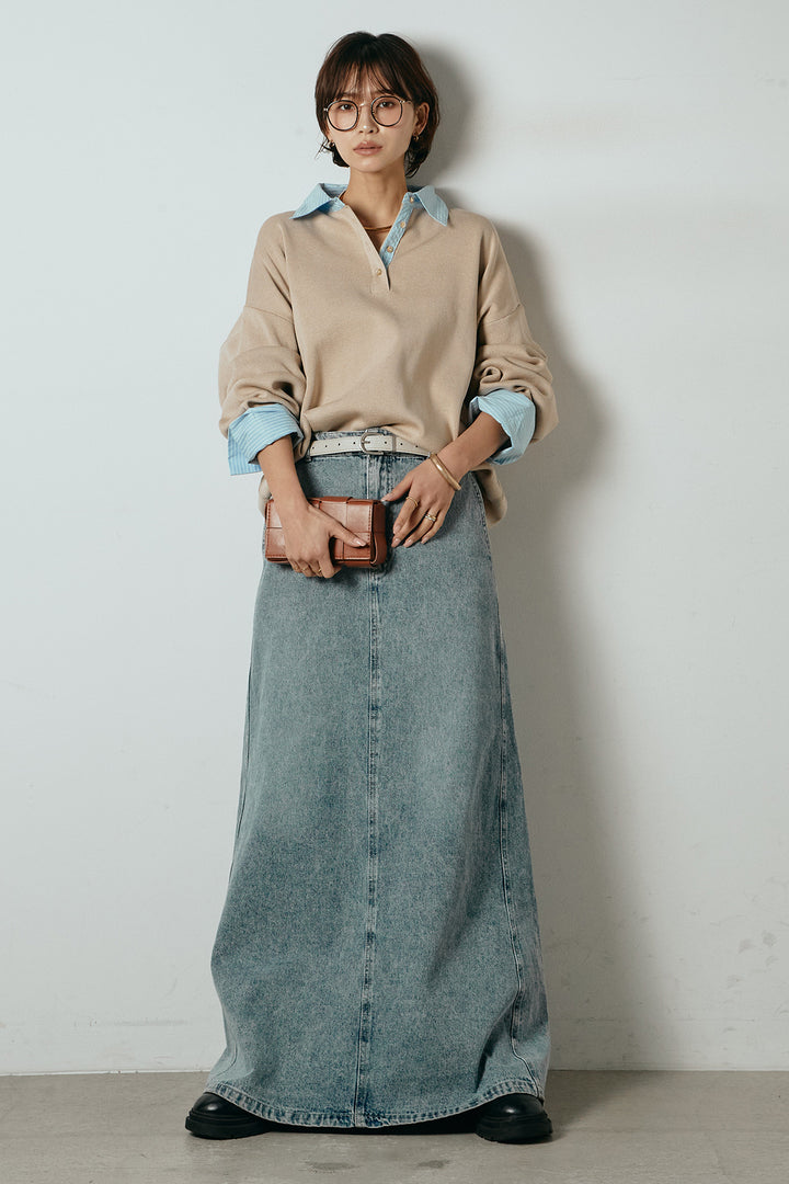 [SET]ストライプシャツドッキングポロトップス+デニムロングフレアスカート(2set)