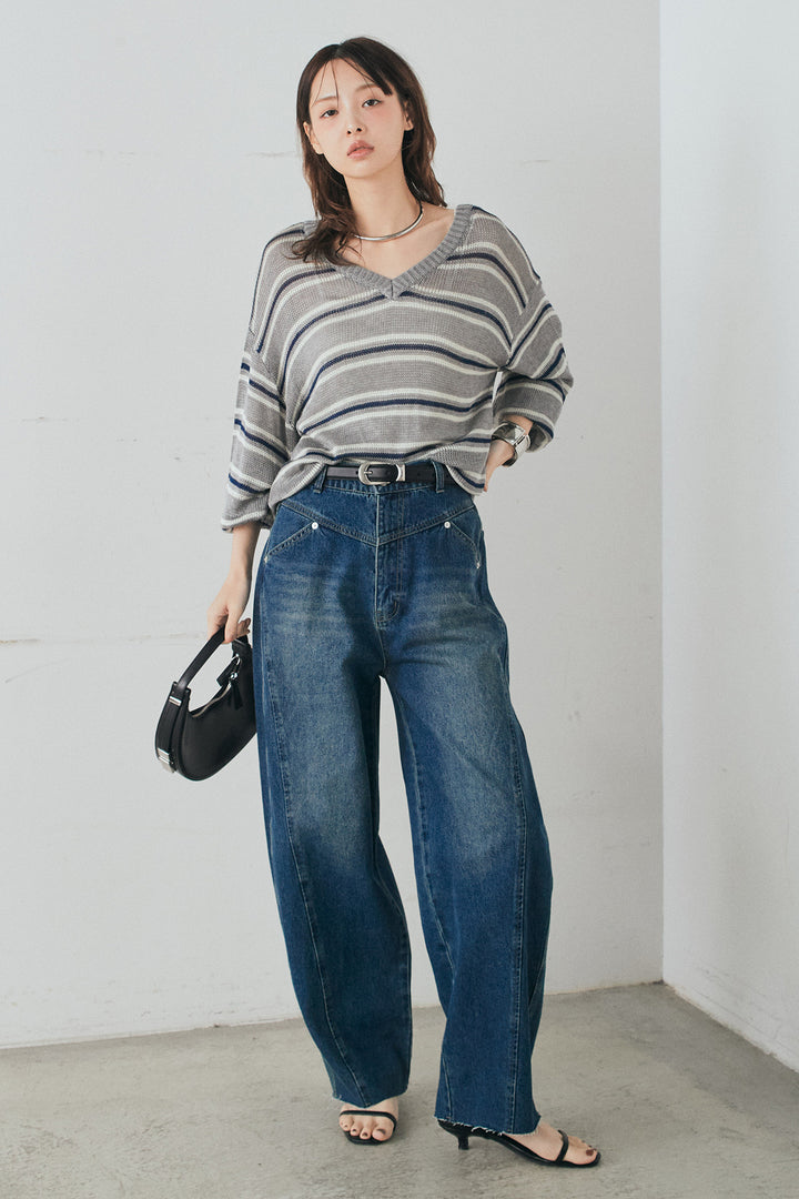 [SET]綿タッチVネックボーダートップス+デニムヨークパンツ(2set)